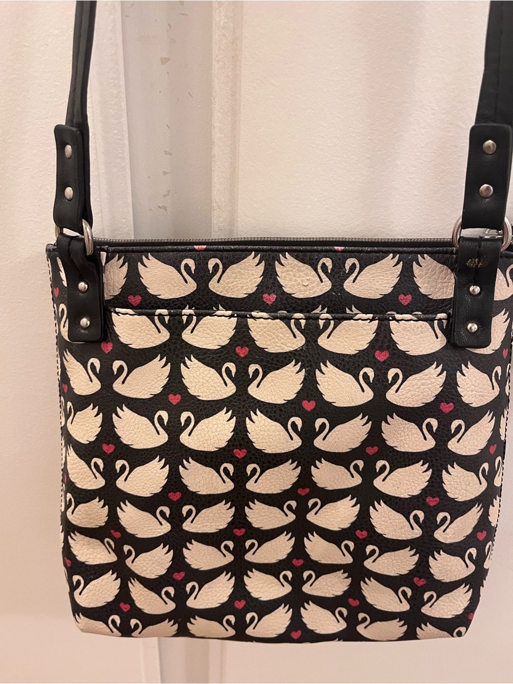 Relic Swan & Heart Print Crossbody Bag — "Caraway"